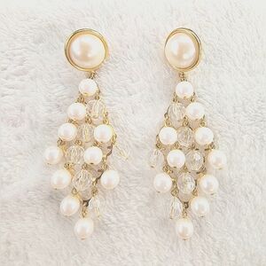 Vintage Avon Gold Tone Faux Pearl Chandelier 3.75" Pierced Earrings